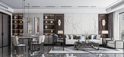 新中式客餐厅 沙发茶几组合 沙发背景墙 餐厅 西餐台 单椅 餐桌椅 吊灯